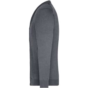 A grey men's v-neck cardigan displayed from the side, featuring a button front and long sleeves.