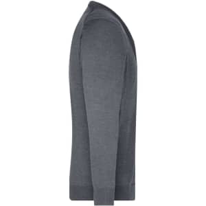 A grey men's V-neck cardigan displayed from the side, featuring a simple design and fitted style.