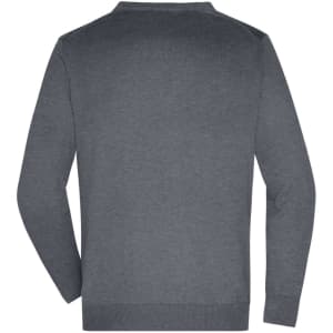 A men's V-neck cardigan in charcoal grey, featuring long sleeves and a simple design. Includes a branding logo.