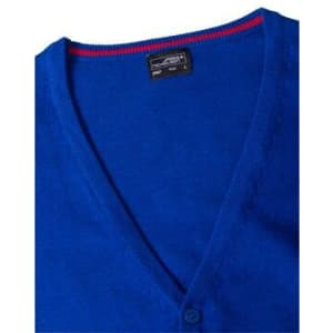 A blue men's V-neck cardigan featuring a red trim and a button closure, along with a brand logo on the label.