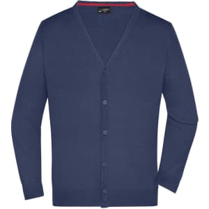 A men's v-neck cardigan in navy blue with a button closure and a subtle interior accent. It features a logo.