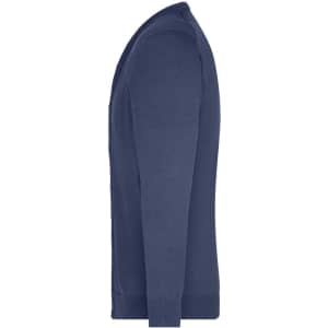 A navy men's V-neck cardigan with long sleeves and a fitted style, featuring a small logo.