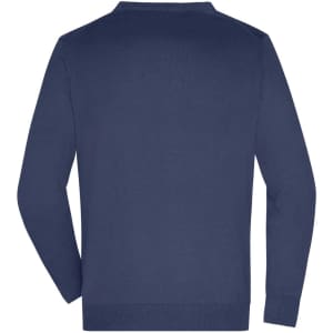 A navy men's V-neck cardigan featuring long sleeves and a simple back design. Includes a branding logo.