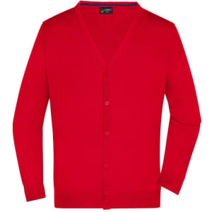 A red men's V-neck cardigan with a button-down front, featuring long sleeves and a logo.