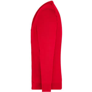 A red men's V-neck cardigan featuring long sleeves, with a simple design and a branding logo.