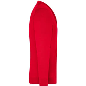 A red men's v-neck cardigan displayed from the side, featuring a fitted design and long sleeves.