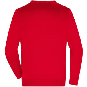 A red men's V-neck cardigan featuring a simple design and back view. It includes a logo on the garment.