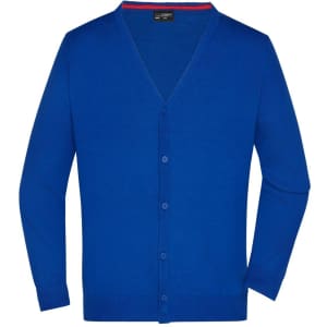 A men's v-neck cardigan in vibrant blue with a button-up front and long sleeves. Features a logo on the label.