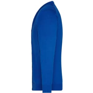 A blue men's V-neck cardigan with long sleeves, featuring a fitted design and a side view with buttons.
