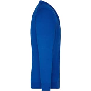 A blue men's V-neck cardigan featuring long sleeves and a fitted design, with a logo visible on the garment.