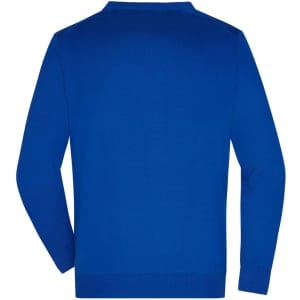 A blue men's V-neck cardigan featuring long sleeves and a plain back design. It has a logo on the label.