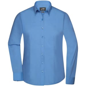 A blue ladies button-up shirt with long sleeves and a collar, featuring buttons down the front and a logo.