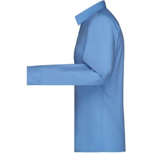A light blue button-up shirt with long sleeves, featuring a collar and a logo on the side.