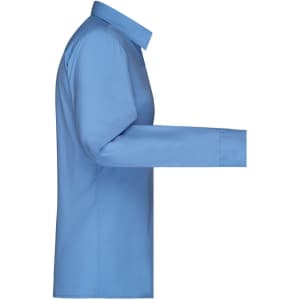 A blue ladies' button-up shirt made from poplin, displayed side-on with long sleeves. Features a collar and a logo.
