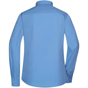 A blue long-sleeve button-up shirt with a collared neckline and a smooth back. It features a logo.