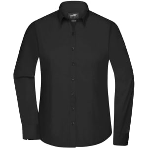 A black button-up ladies' shirt with long sleeves and a collar, featuring a logo.