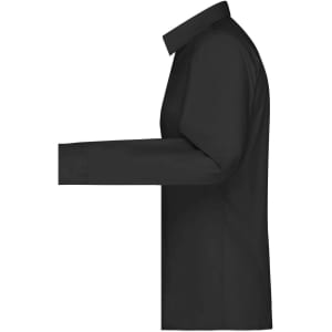 A black button-up shirt with long sleeves and a classic collar, featuring a side view and a logo.