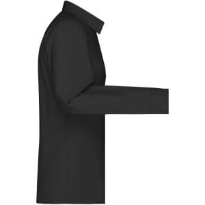 A black long-sleeve poplin button-up shirt with a collared neck and a single sleeve extended. Features a logo.