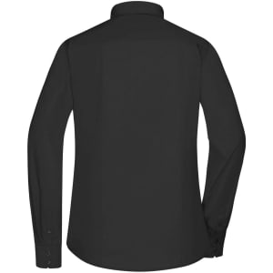 A black long-sleeve poplin ladies' button-up shirt with a standard collar and buttoned cuffs.