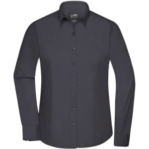 A dark grey button-up shirt with long sleeves and a collar, featuring a logo on the chest area.