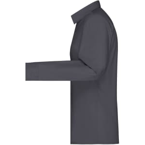 A dark grey button-up ladies shirt with a long sleeve and a fitted design, featuring a collar and a branding logo.