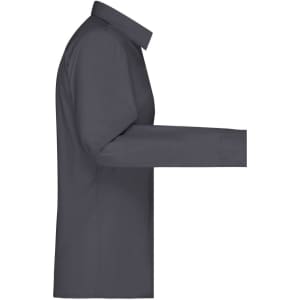 A button-up shirt in dark grey, featuring long sleeves and a classic collar design. Branding is present.