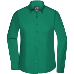 A green button-up shirt for ladies featuring long sleeves and a collar, with a logo on the chest.