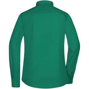 A green ladies button-up poplin shirt with long sleeves and a collar, featuring a logo on the back.