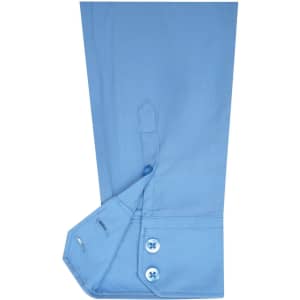 A light blue button-up shirt sleeve featuring three buttons and a cuff opening. It has a brand logo.