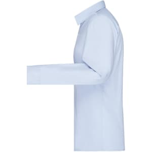 A light blue button-up ladies shirt in poplin fabric with a long sleeve design and a collar.