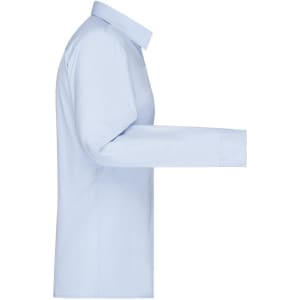 A light blue ladies button-up shirt with long sleeves and a collar, featuring a logo on the side.