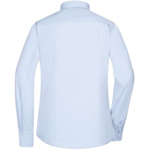 A light blue button-up shirt with long sleeves and a collar, featuring a logo on the back.