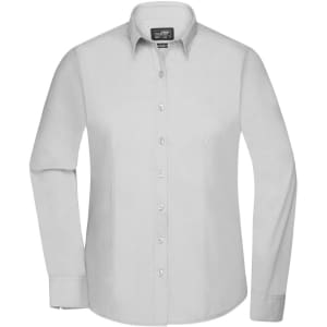A button-up ladies' shirt in light grey with long sleeves and a collar. Features a logo on the label.