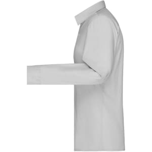 A light grey button-up shirt with a collar and long sleeves, featuring a logo.