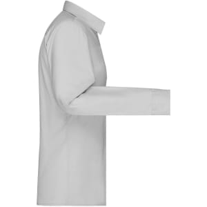 A light grey button-up shirt with long sleeves and a collar, featuring a logo on the chest area.