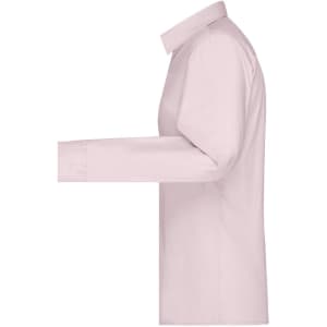 A light pink button-up ladies' shirt featuring long sleeves and a collar, with a logo present.