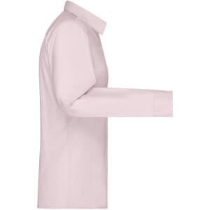A pink button-up shirt with long sleeves and a collar, featuring a logo.