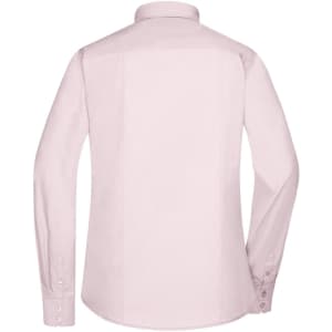 A light pink button-up ladies' shirt with long sleeves and a collar, featuring a logo.