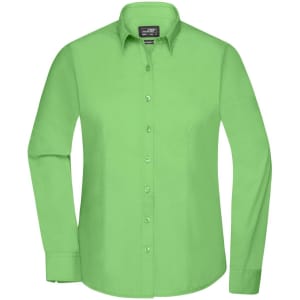 A green ladies button-up shirt with long sleeves and a collar, featuring a logo on the label.