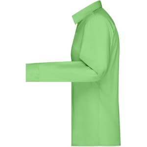 A green button-up ladies' shirt in a side view, featuring a pointed collar and long sleeves. It has a logo.