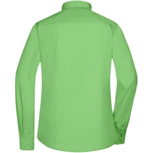 A bright green ladies button-up shirt with long sleeves, featuring a collar and button details on the cuffs.