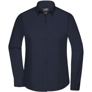 A navy blue ladies button-up shirt with long sleeves and a collar, featuring a front button closure and one logo.