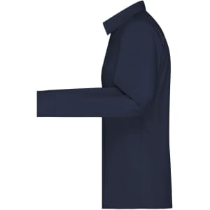 A navy blue ladies button-up shirt with a long sleeve and a collar. It features a logo on the garment.