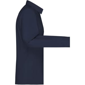 A navy blue ladies' button-up shirt with long sleeves, featuring a classic collar and a straight cut.
