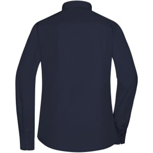 A navy blue long-sleeve poplin shirt with a collared neck and button closure, featuring branding on the back.