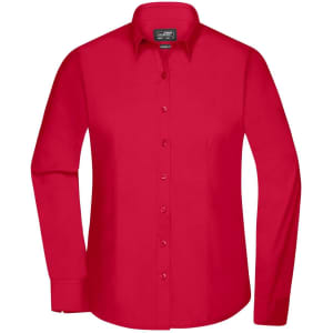 A red button-up shirt with a collar and long sleeves, featuring a logo on the label.