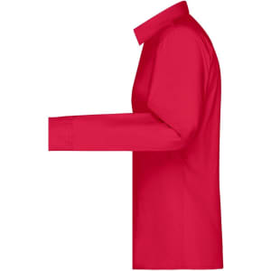 A red button-up shirt with long sleeves and a collar, featuring a logo on the fabric.