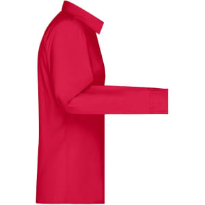 A red button-up shirt with long sleeves, featuring a collar and a side view. The shirt includes a logo.