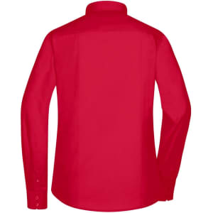 A red button-up shirt with long sleeves, featuring a collar and a smooth fabric texture. It has a brand logo.