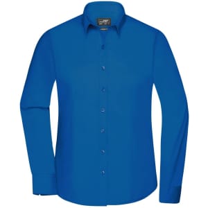 A blue button-up shirt with long sleeves and a collar, featuring a branded tag.
